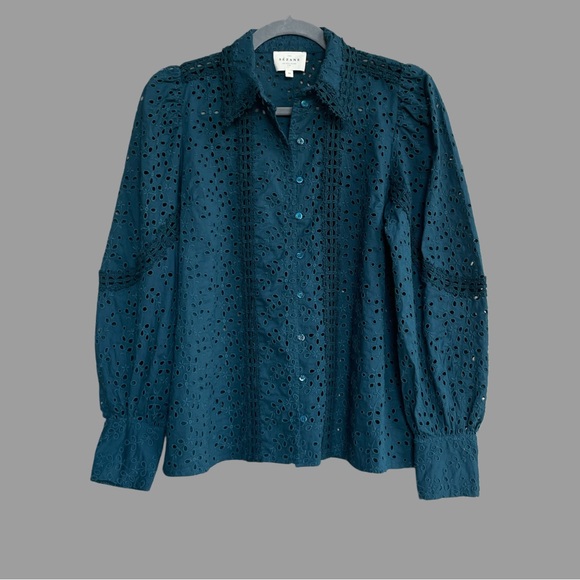 SEZANE Turquoise Blue Embroidered Eyelet Lace Button Down Cara Shirt Blouse Top - Picture 3 of 17